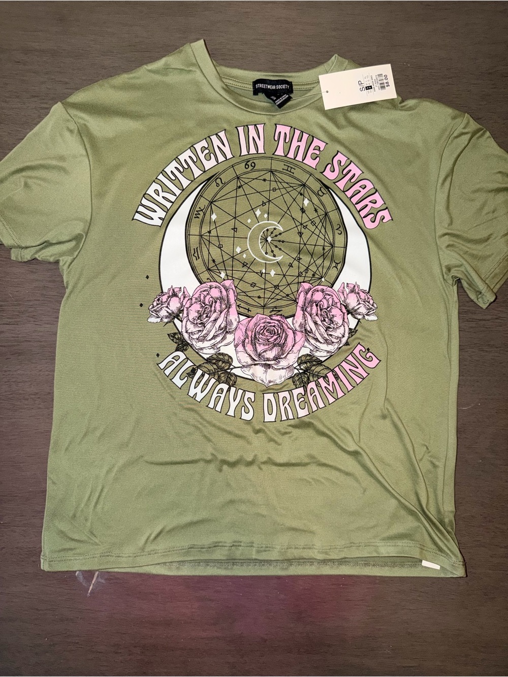 Streetwear Society Olive Green Graphic Tee with Pink Floral Stars